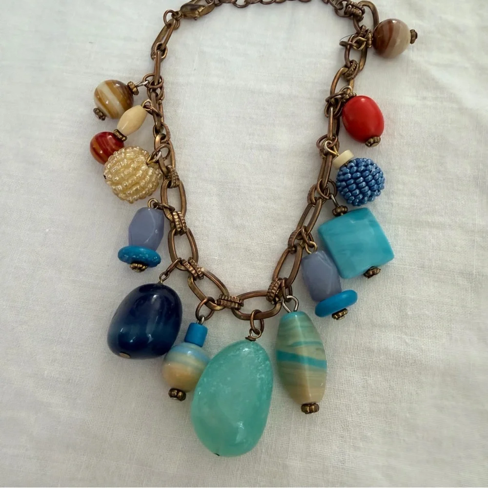 Boho Charm Bracelet Mixed Beads Antiqued Brass Chain Adjustable